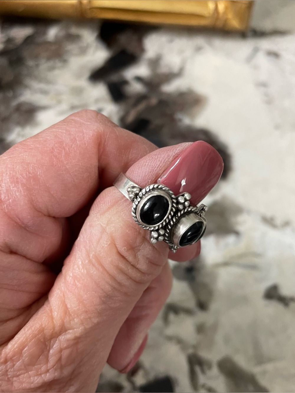 Sterling Silver 925 Southwestern Style Black Onyx Triple Stone Ring Size 7 - Picture 6 of 10